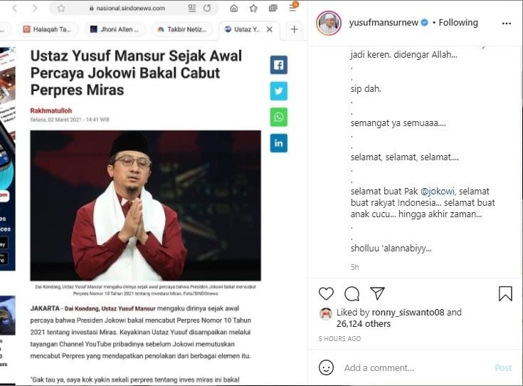 Yusuf Mansur ucapkan selamat ke Jokowi dan rakyat setelah perpres miras dicabut. - (Instagram/@yusufmansurnew)