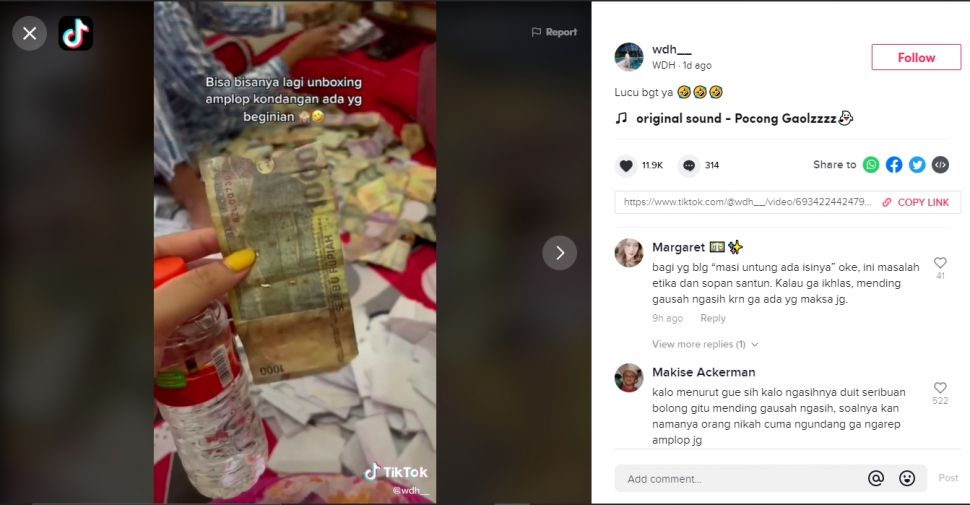 Viral wanita syok pas buka amplop hasil nikahan karena isinya Rp 1 ribu (TikTok).