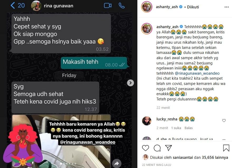 Ashany ungkap percakapan dengan Rina Gunawan. [Instagram]