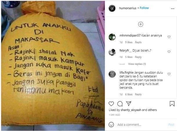 Kirimi Anak Beras Sekarung, Isi Pesan Orangtua Ini Malah Bikin Salah Fokus. (Dok: Instagram/humorserius)