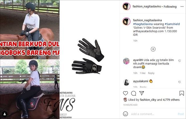 Detail outfit berkuda Nagita Slavina. (Instagram/@fashion_nagitaslavina)