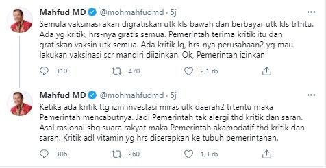 Komentar Mahfud MD soal perpres investasi miras dicabut (Twitter.mohmahfudmd)