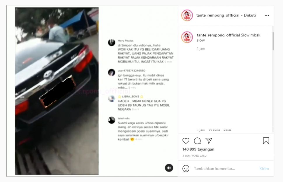 Viral wanita pamer naik mobil dinas pelat merah suami, tuai cibiran (Instagram).