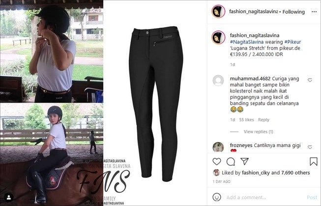 Detail outfit berkuda Nagita Slavina. (Instagram/@fashion_nagitaslavina)