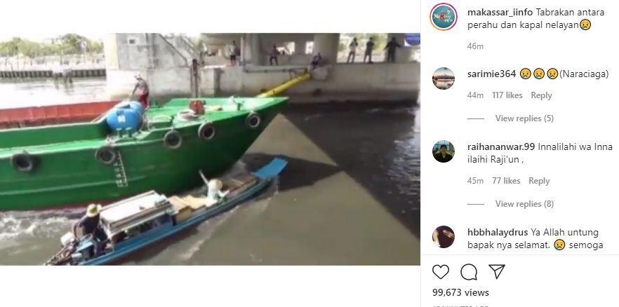 Video kapal tabrak perahu. (Instagram/@makassar_iinfo)