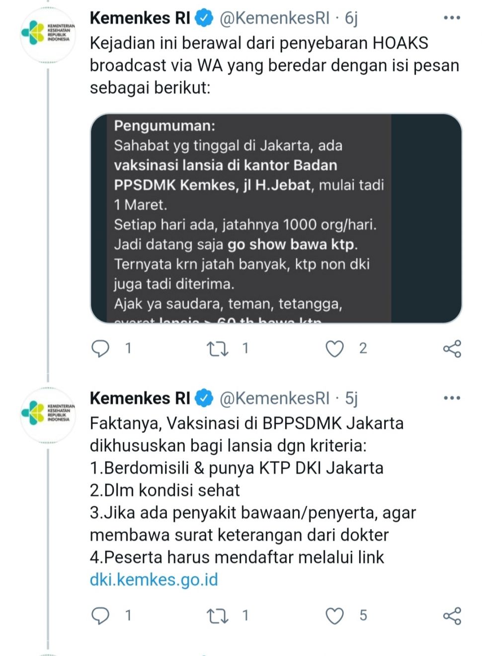 Akun twitter Kemenkes memberikan klarifikasi atas kejadian antreann vaksinasi untuk lansia di gedung Balai Besar Pelatihan Kesehatan Jakarta, Jalan Hang Jebat, Kebayoran Baru, Jakarta pada Senin (2/3/2021) kemarin. (Ist/tangkap layar)