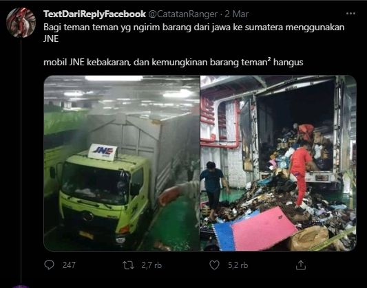 Truk ekspedisi JNE terbakar. (Twitter/@CatatanRanger)