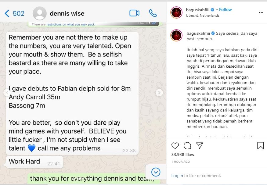 Bagus Kahfi ungkap motivasi yang diberikan Dennis Wise saat proses penyembuhan cederanya. (Instagram/baguskahfiii)
