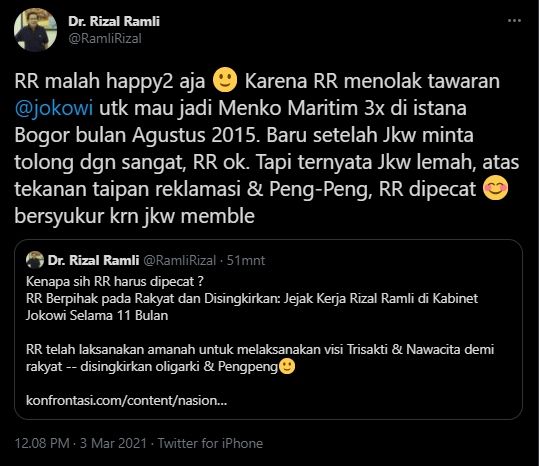 Rizal Ramli akui pernah tolak tawaran dari Jokowi. (Twitter/@RamliRizal)