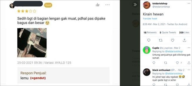 Produk Bikin Pembeli Kecewa, Reaksi Penjual Ini Picu Tudingan Body Shaming. (Twitter/@txtdarionlshop)