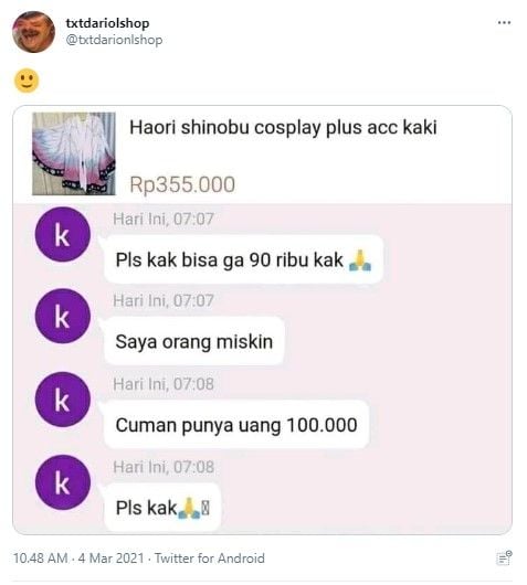 Tawar cosplay alasan orang miskin (Twitter/txtdarionlshop)