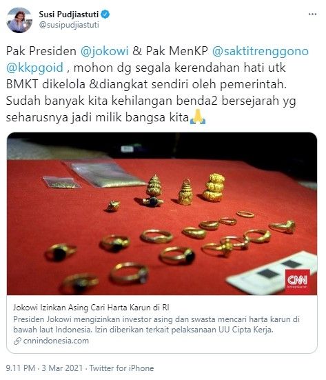 Susi Pudjiastuti kritik kebijakan investor asing boleh cari harta karun di RI (Twitter/susipudjiastu