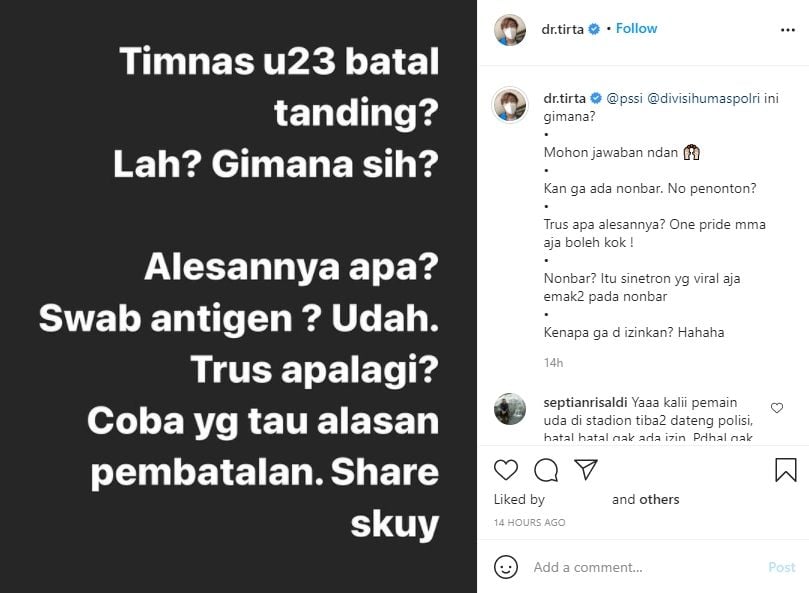 Dokter Tirta komentari batalnya laga Timnas Indonesia U-23 vs Tira Persikabo. (Instagram/dr.tirta)