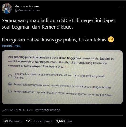 Cuitan Veronica Koman soroti soal calon guru SD 3T (Twitter/VeronicaKomen).