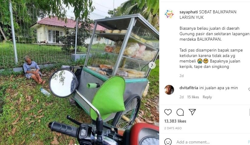 Penjual keripik tertidur di pinggir jalan. (Instagram/@sayaphati)