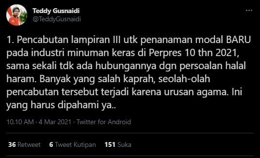 Teddy Gusnaidi menanggapi soal investasi miras yang telah dicabut oleh Presiden Joko Widodo. (Twitter/TeddyGusnaidi)