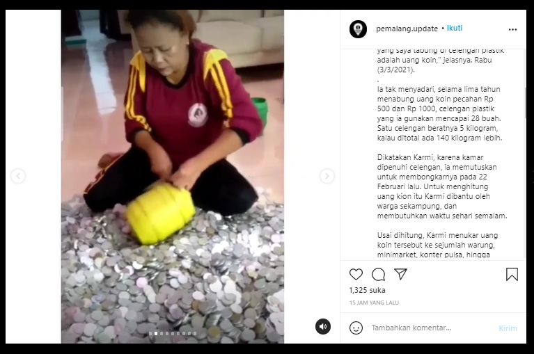 Viral emak-emak buka celengan koin, isinya sampai puluhan juta (Instagram/pemalang.update).