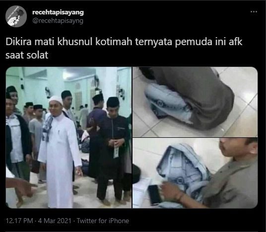 Pemuda dikira meninggal gara-gara ketiduran saat salat. (Twitter/recehtapisayang)