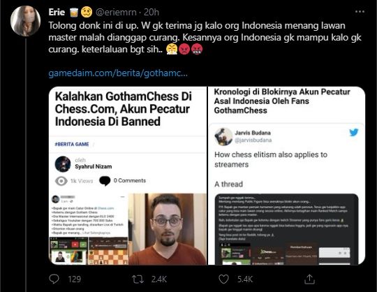 Heboh Pria Indonesia Kalahkan Pemain Catur GothamChess, Akun Malah Diblokir (Twitter).