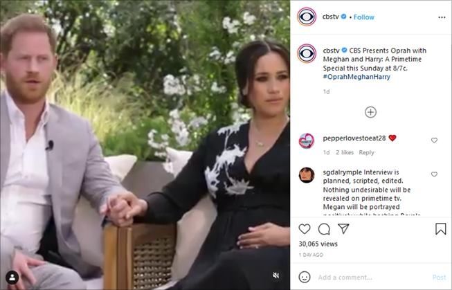 Cuplikan trailer wawancara Pangeran Harry dan Meghan Markle di acara Oprah. (Instagram/@cbstv)