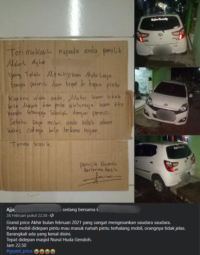 Viral Toyota Agya parkir sembarangan, endingnya dapat 'surat cinta'. (Facebook)