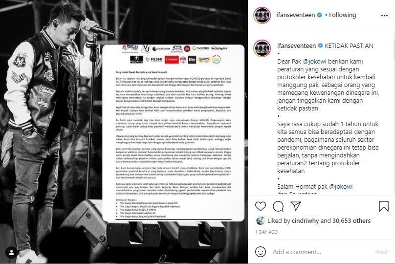 Ifan Seventeen menulis surat terbuka untuk Presiden Jokowi - (Instagram/@ifanseventeen)