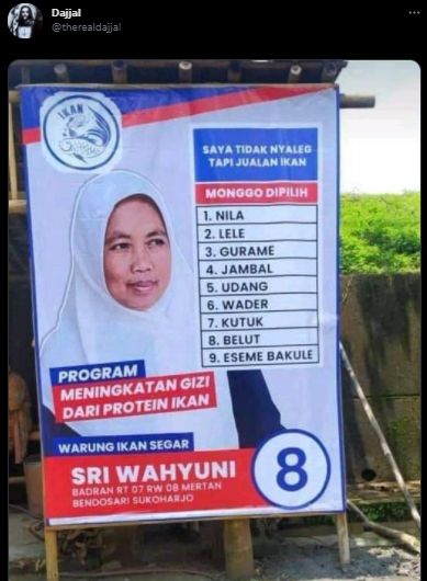 Lagi, Viral Pedagang Ikan Pasang Iklan ala Caleg Ini Bikin Publik Buyar. (Twitter/@therealdajjal)