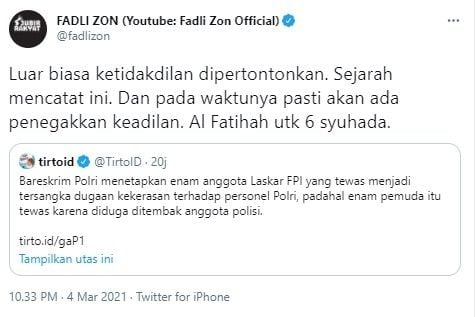 Fadli Zon geram 6 laskar FPI jadi tersangka (Twitter/fadlizon)