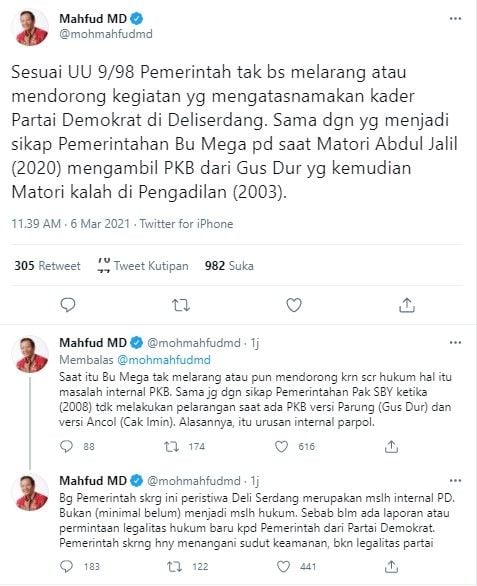 Komentar Mahfud MD soal KLB Partai Demokrat (Twitter/mohmahfudmd)