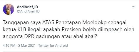 Tanggapan Andi Arief soal Moeldoko jadi Ketum Demokrat versi KLB (Twitter/andiarief_id)