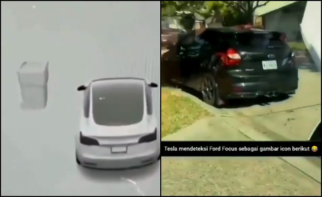 Mobil Tesla deteksi Ford sebagai tong sampah. (Instagram)