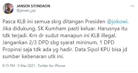 Komentar Jansen soal KLB Partai Demokrat (Twitter/jansen_jsp)