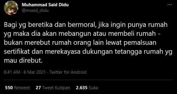 Said Didu: Kalau Ingin Punya Rumah Maka Harus Membangun, Bukan Merebut. (twitter.com/msaid_didu)