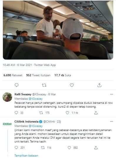 Keluhan netizen vial di media sosial. Netizen itu melaporkan ada bule naik pesawat Citilink tanpa pakai masker ke Bali. ( @KSwazey)