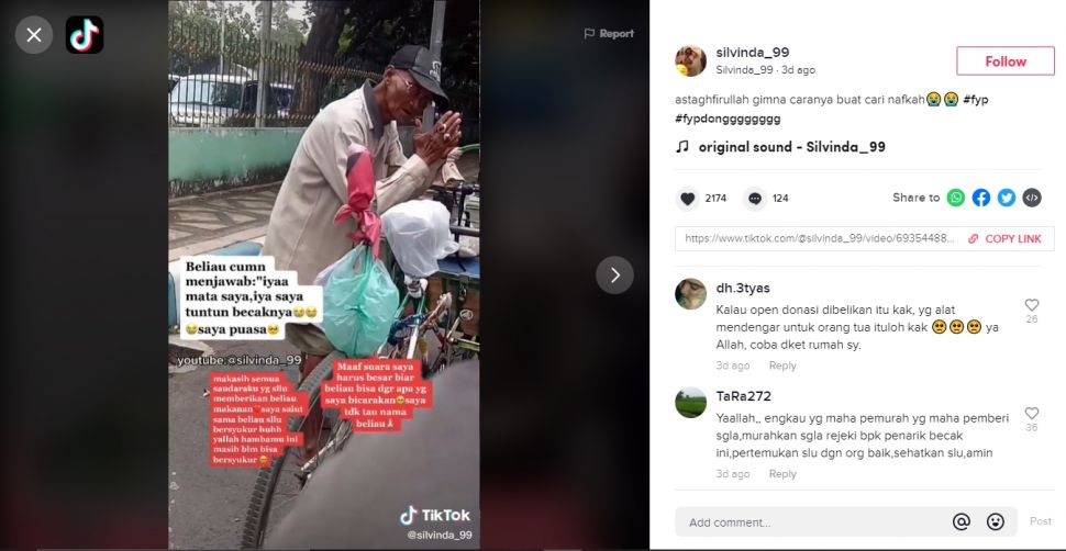 Viral kakek tukang becak sering ditolak penumpang (TikTok).