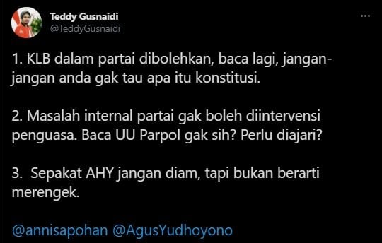 Cuitan Teddy Gusnaidi soroti AHY dan Annisa Pohan soal KLB Partai Demokrat (Twitter/TeddyGusnaidi).