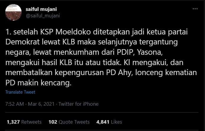 Potongan utas Saiful Mujani soal Moeldoko dan hasil KLB Partai Demokrat (Twitter/Saiful_mujani).