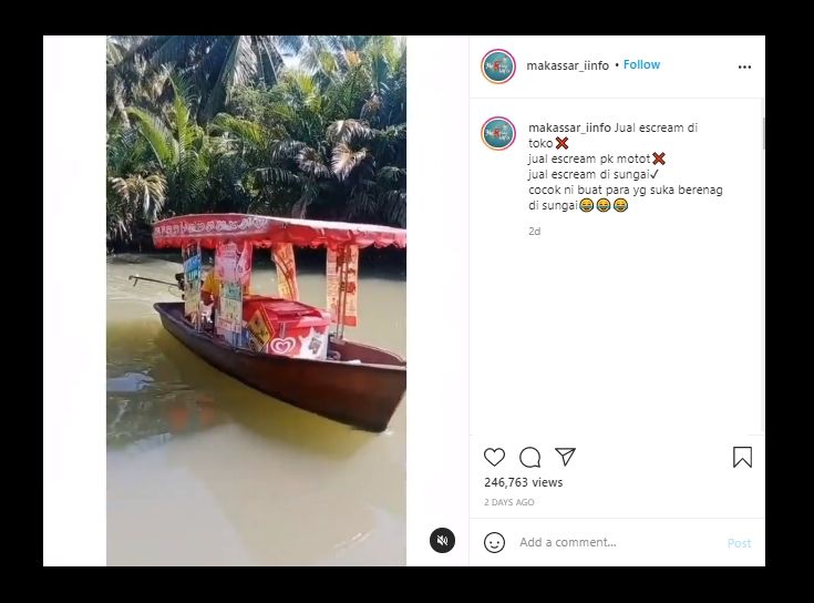 Pakai Kapal, Video Pedagang Es Krim di Tengah Sungai Ini Jadi Sorotan. (Instagram/@makassar_iinfo)