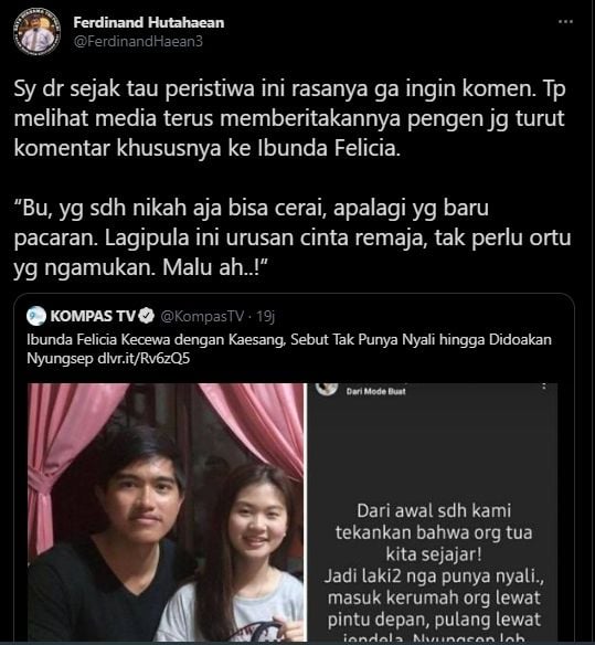 Ferdinand Hutahaean ikut berkomentar soal Kaesang Pangarep dan Felicia Tissue. (Twitter/FerdinandHaean3)