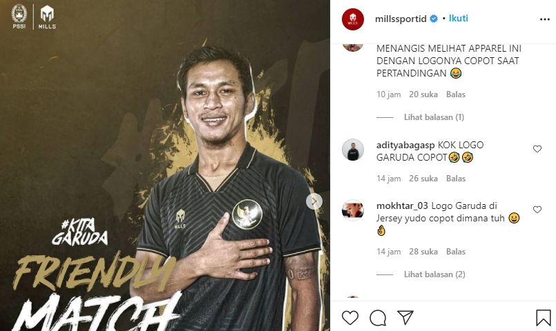 Warganet menyerbu Instagram Mills usai logo garuda di jersey KH Yudo copot. (Instagram/@Millssportid)