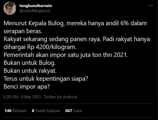 Tengku Zul komentari soal impor beras yang dilakukan pemerintah. (Twitter/ustadtengkuzul)