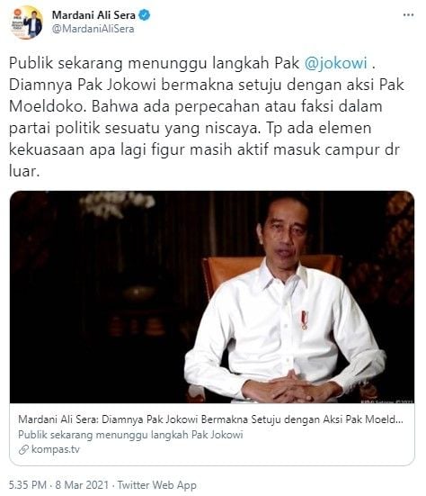 Mardani sebut diamnya Jokowi setujui aksi Moeldoko di KLB Demokrat (Twitter/mardanialisera)