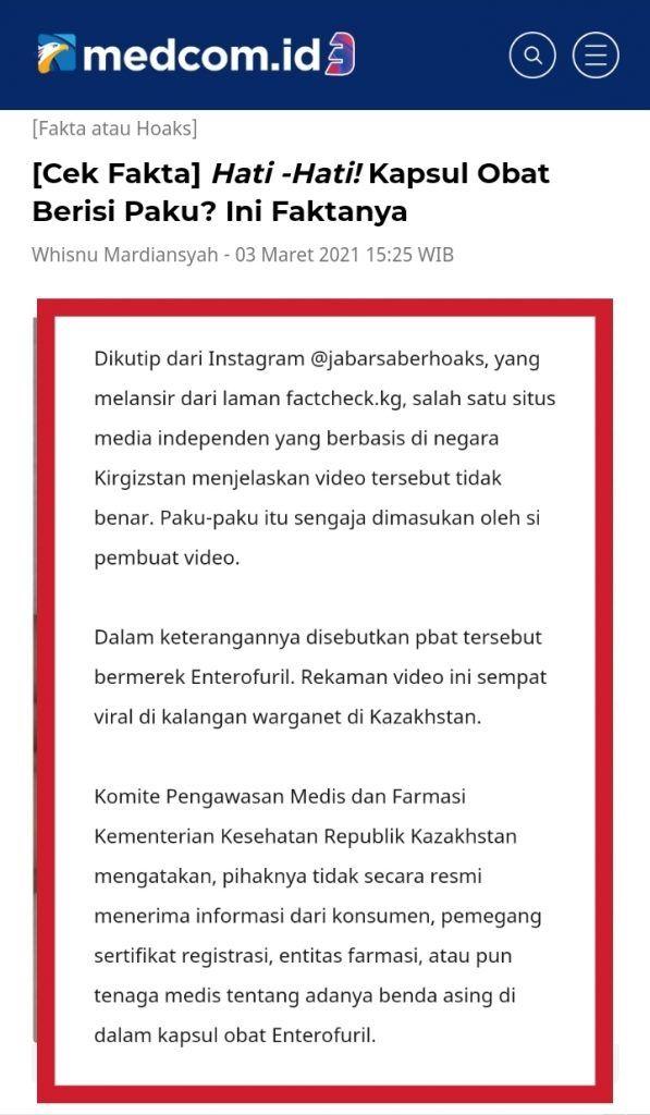 Ada jarum paku di kapsul obat (Turnbackhoax.id)