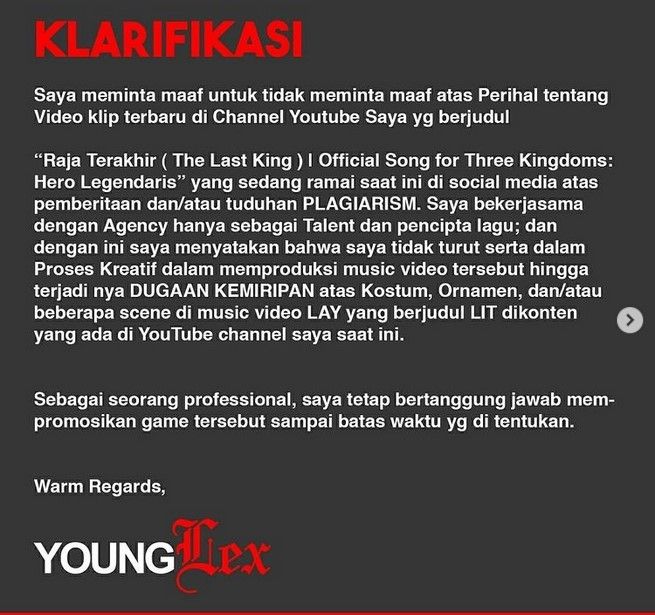 Young Lex memberikan pernyataan soal tuduhan plagiat video klip lagu terbarunya, "Raja Terakhir" yang dianggap menyontek video klip Lay Exo berjudul "Lit."