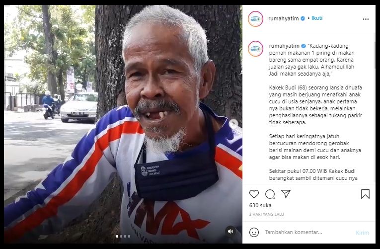 Jual mainan demi hidup, keluarga kakek ini pernah makan sepiring berempat (Instagram/rumahyatim).