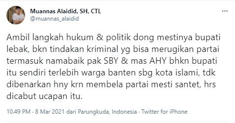 Komentar Muannas soal Bupati Lebak mau santet Moeldoko (Twitter/muannas_alaidid)