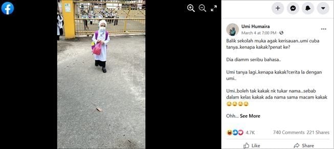 Viral bocah minta ganti nama usai alami kejadian tak terduga di sekolah. (Facebook/Umi Humaira)