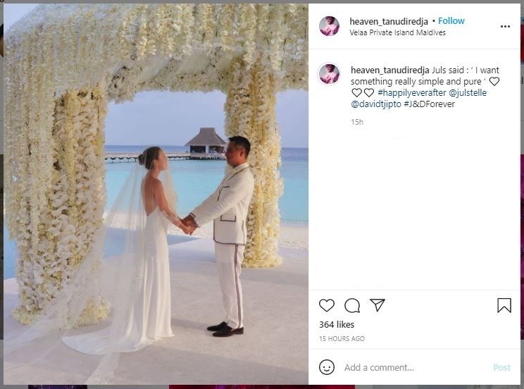 Julie Estelle dan David Tjiptobiantoro menikah di Maladewa (instagram.com/heaven_tanudiredja)