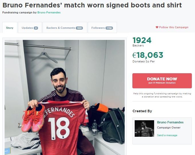 Bruno Fernandes sedang melakukan lelang jersey saat dipakai dalam laga Derby Manchester. (Tangkapan layar dari laman gogetfunding)