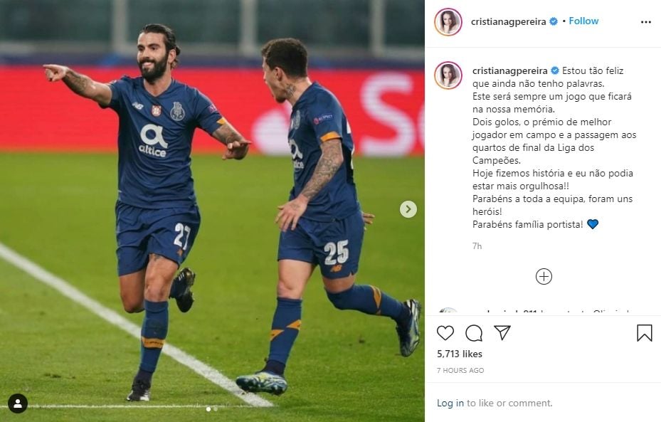 Gelandang Porto, Sergio Oliveira dapat dukungan sang istri. (Instagram/cristianagpereira)